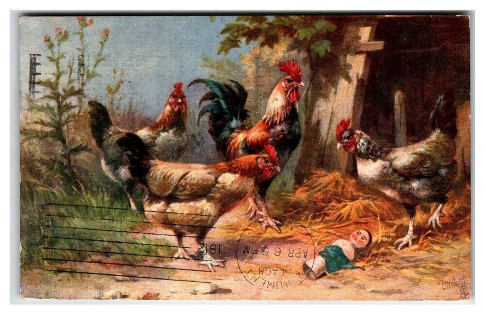 1912 Tuck's Oilette Humorous Baby & Chickens Postcard Easter Greetings